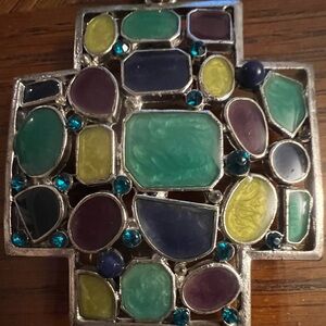 Silver Mosaic Necklace with Green and Purple Accents.